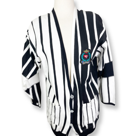 JB Sport Sweaters - Vintage Deadstock Striped SB Sport Emblem Cotton Jersey Cardigan - Navy/White